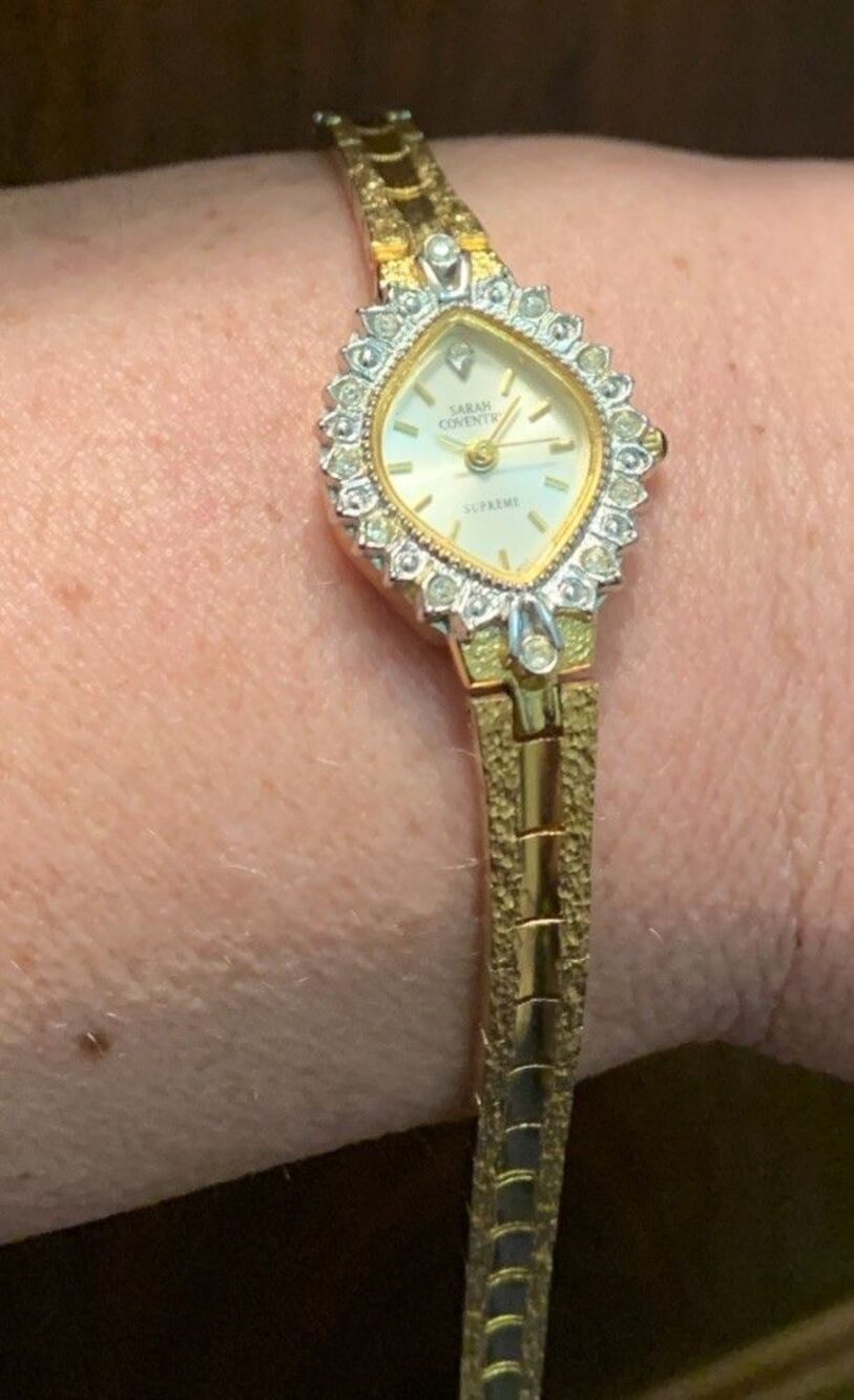 Vintage Sarah Coventry Supreme Women's Dress Watch Gold Tone Rhinestones 8”